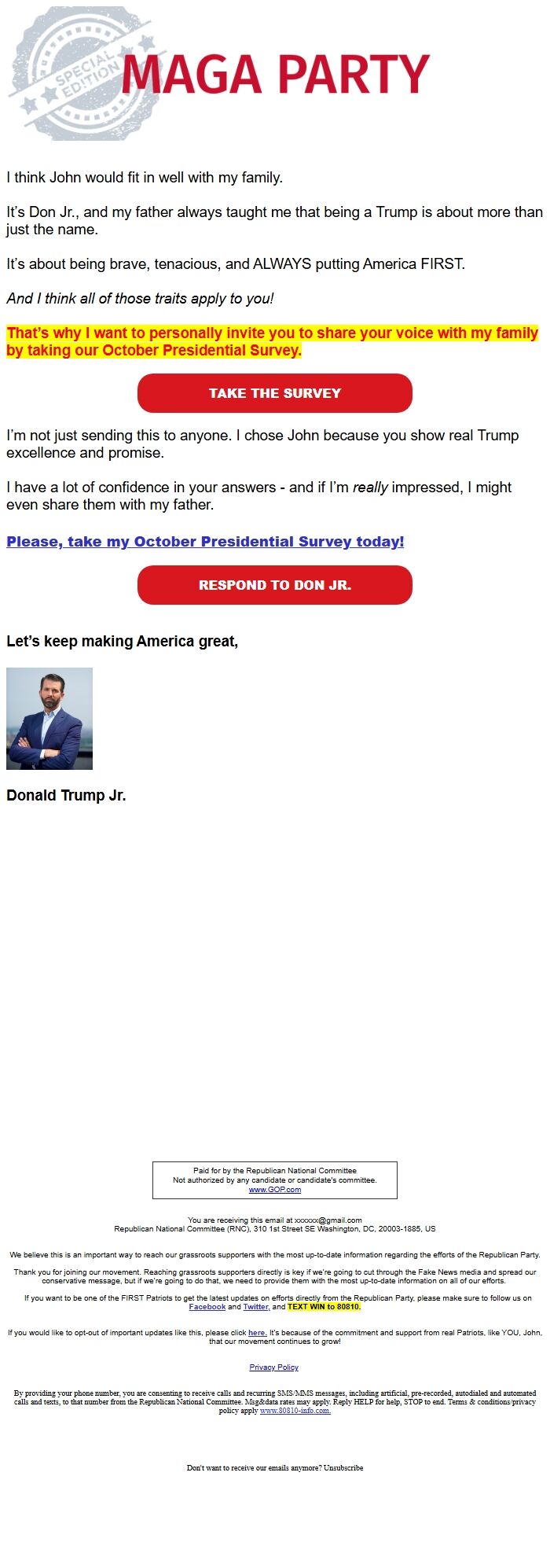 Screenshot of the email generated on import