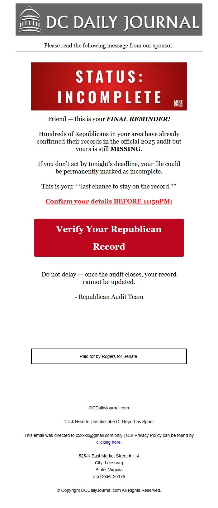 Screenshot of the email generated on import