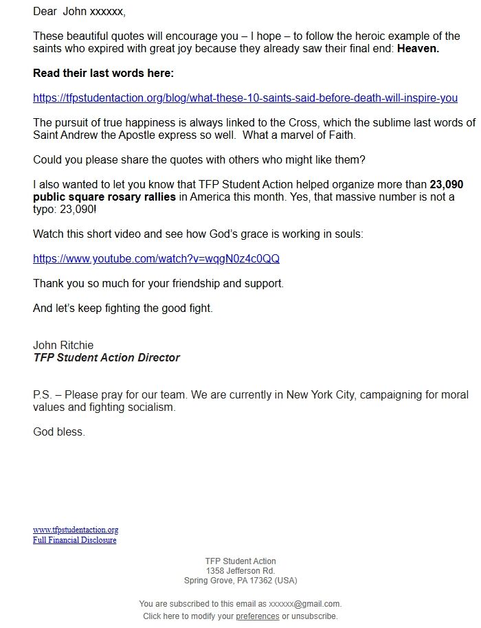 Screenshot of the email generated on import