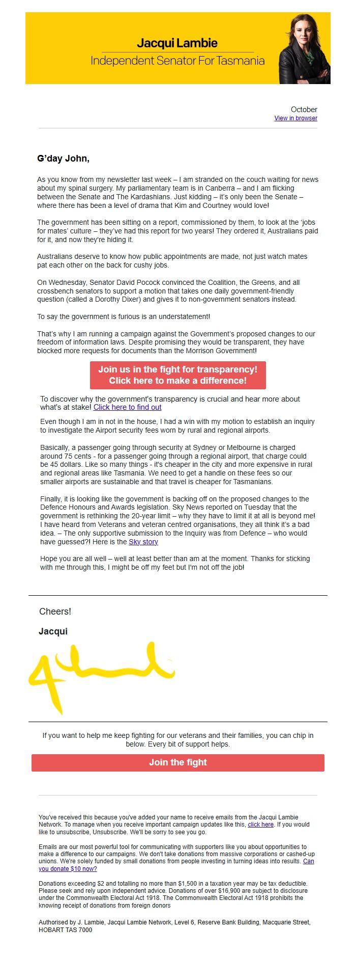 Screenshot of the email generated on import