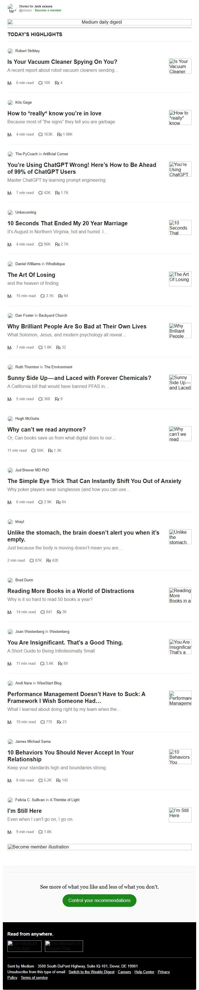 Screenshot of the email generated on import