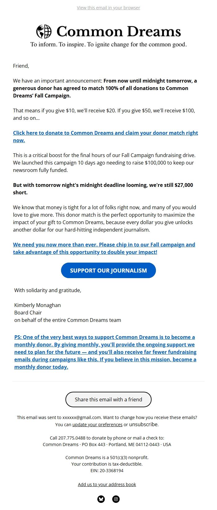 Screenshot of the email generated on import