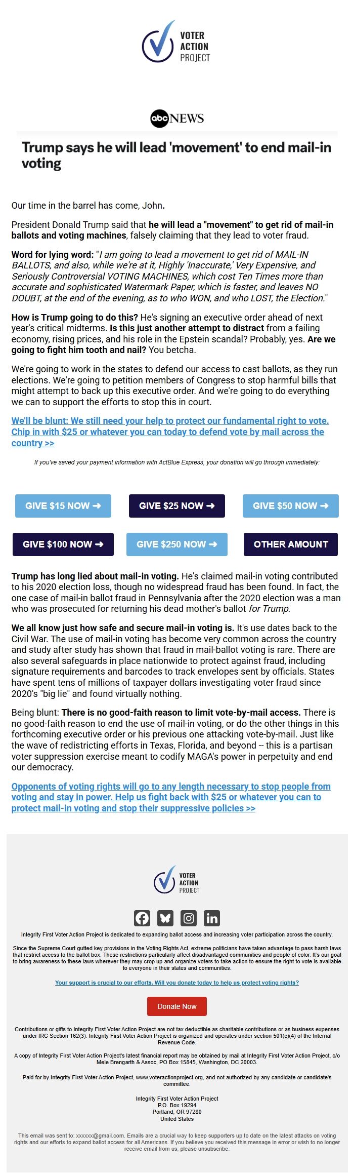 Screenshot of the email generated on import