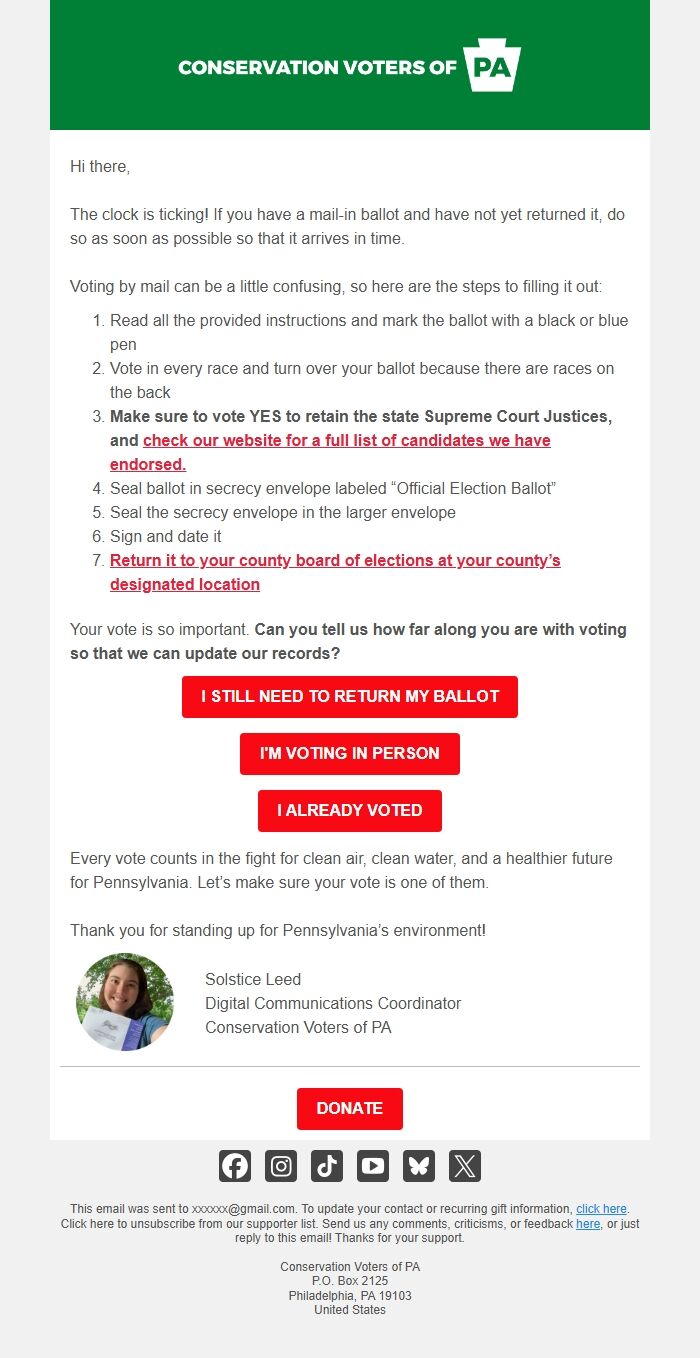 Screenshot of the email generated on import