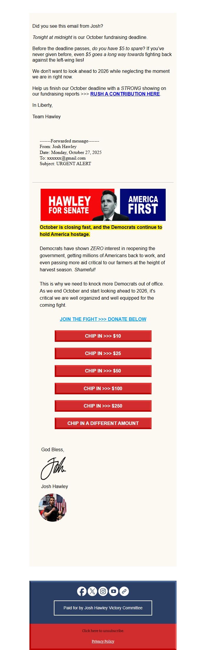 Screenshot of the email generated on import