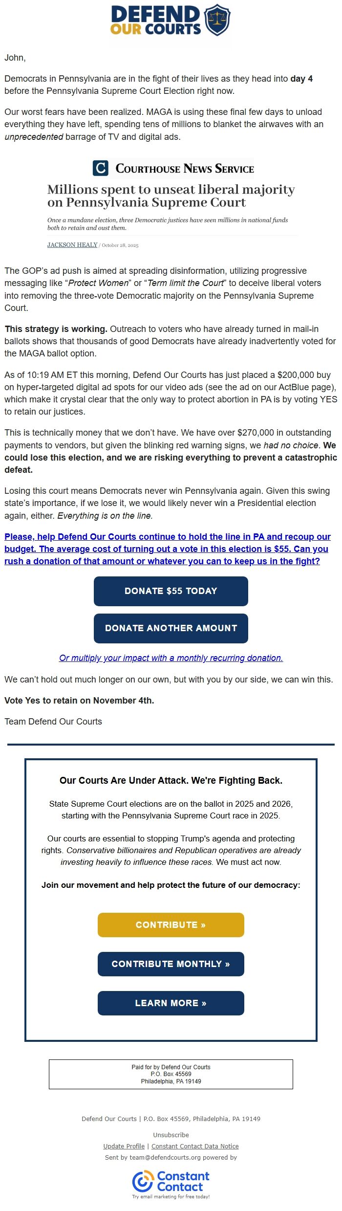 Screenshot of the email generated on import