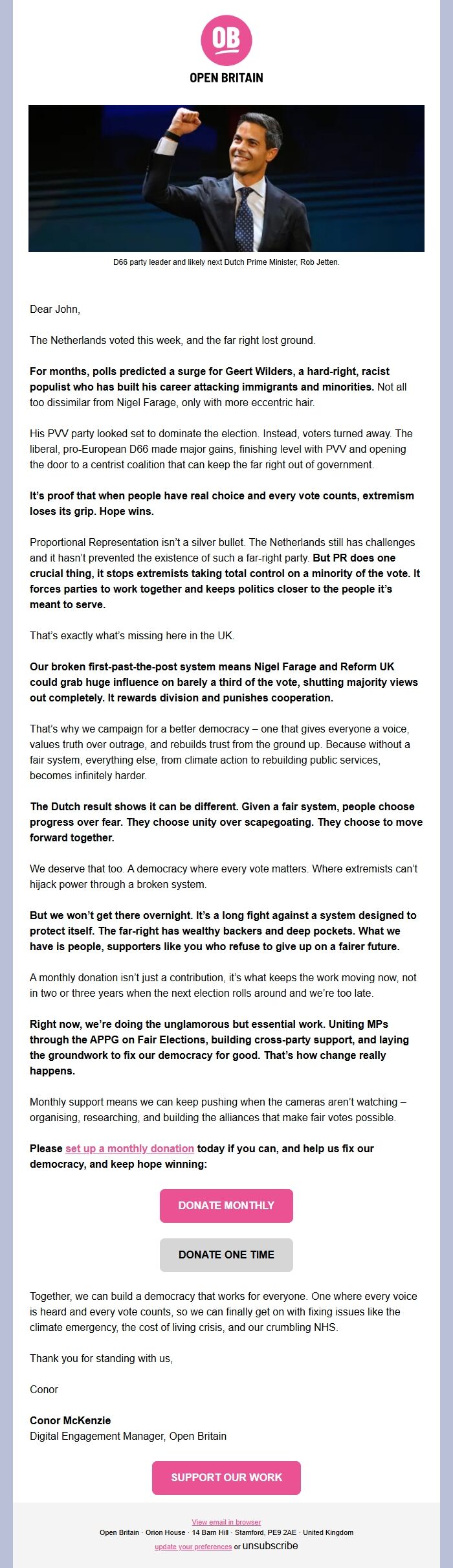 Screenshot of the email generated on import