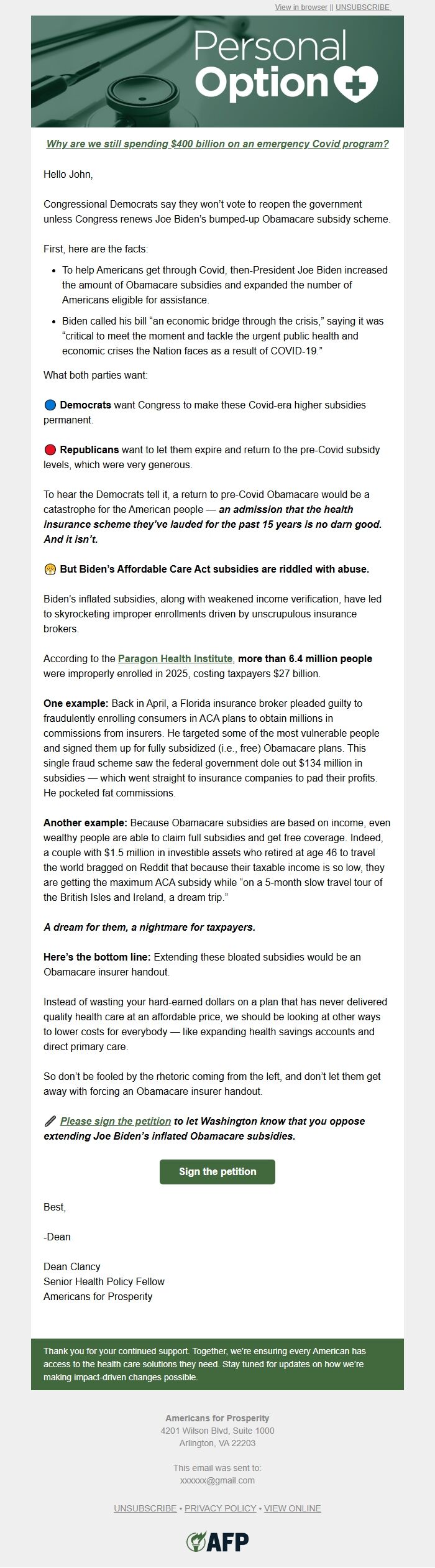 Screenshot of the email generated on import