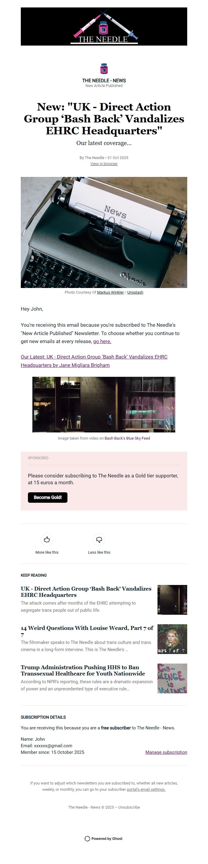 Screenshot of the email generated on import