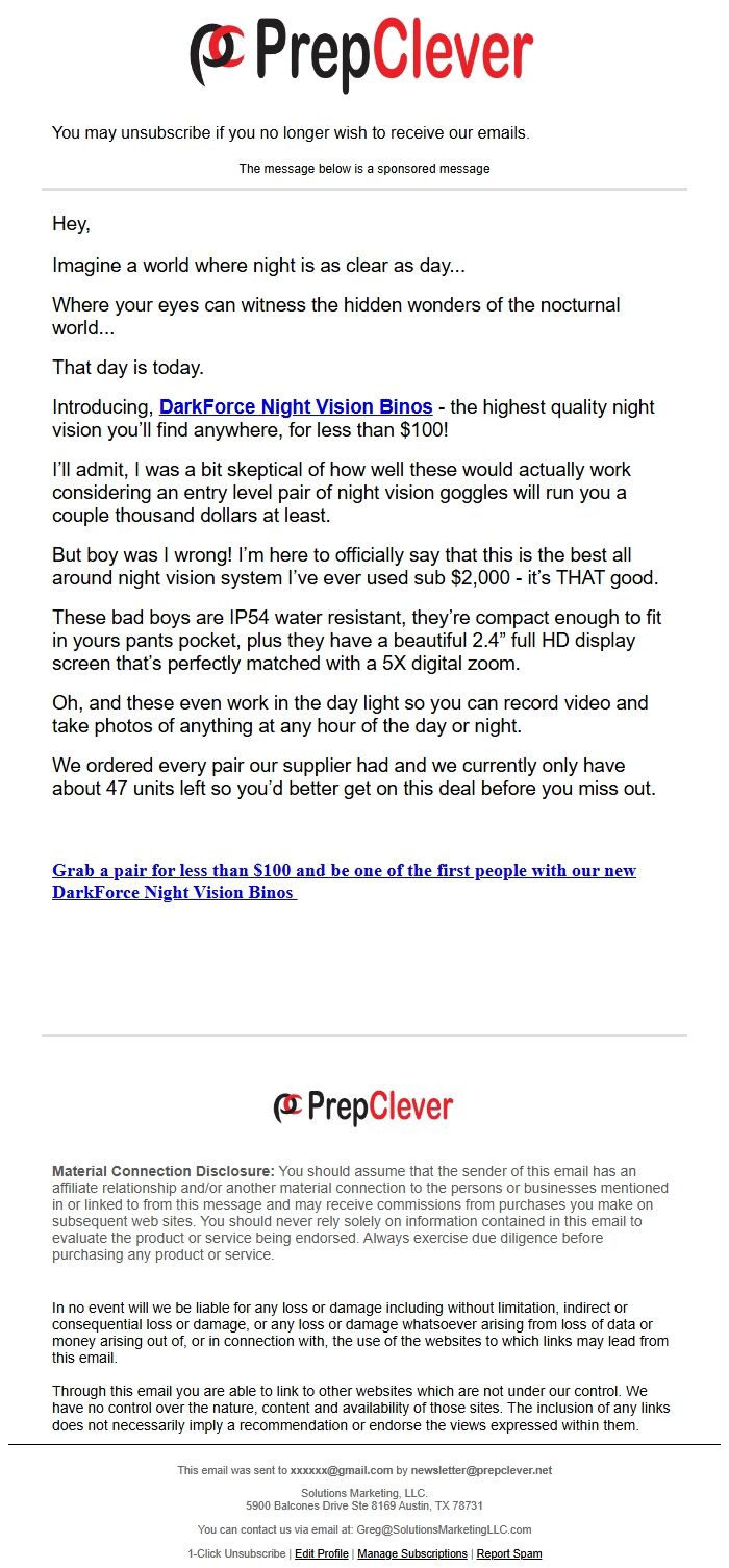 Screenshot of the email generated on import