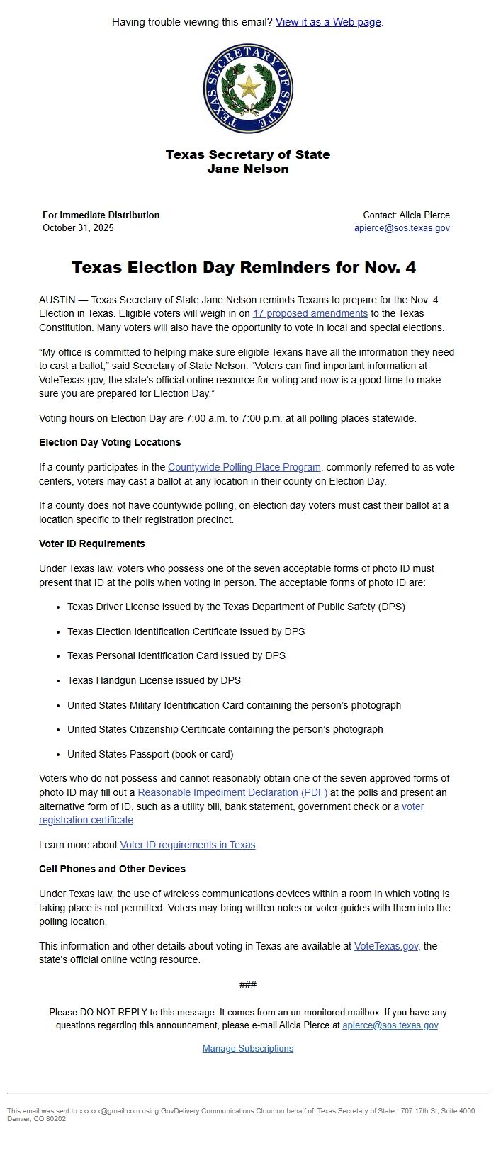 Screenshot of the email generated on import