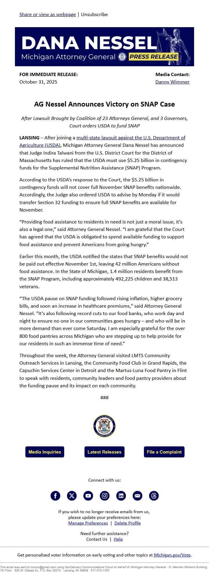 Screenshot of the email generated on import