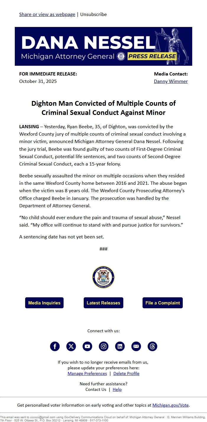 Screenshot of the email generated on import