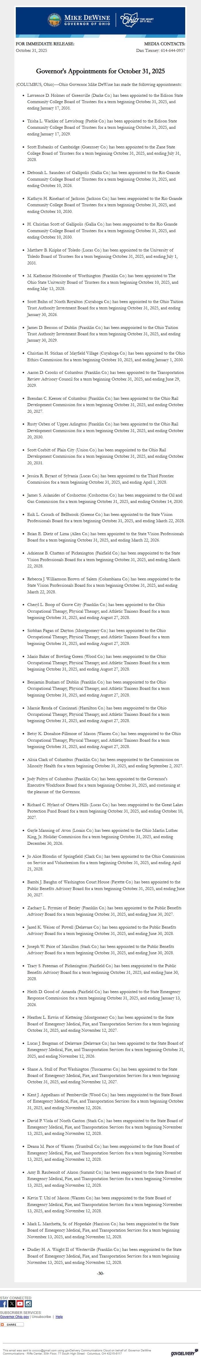 Screenshot of the email generated on import