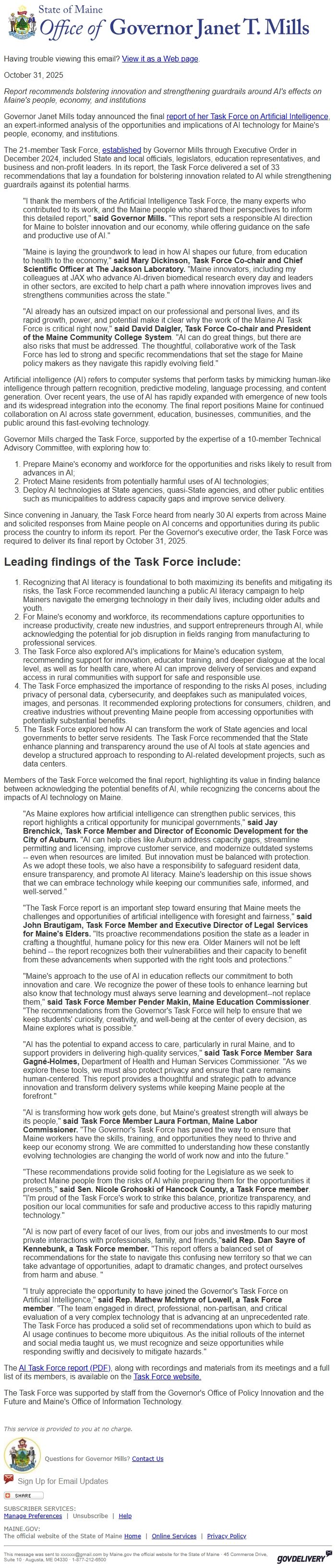 Screenshot of the email generated on import