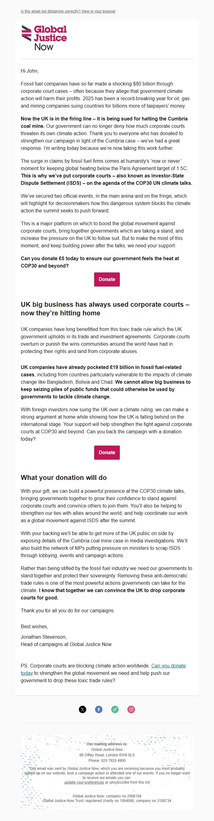 Screenshot of the email generated on import