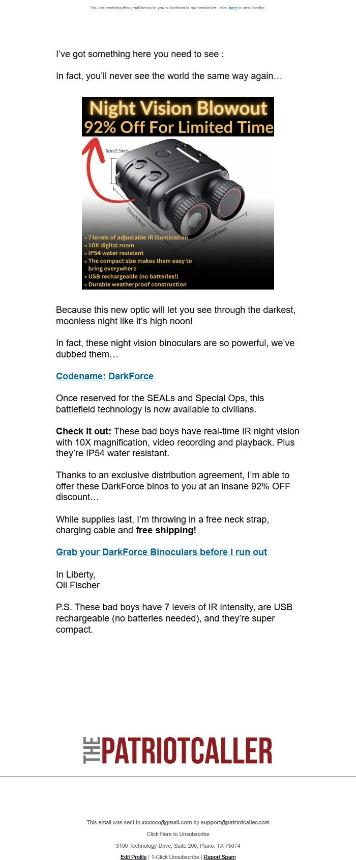 Screenshot of the email generated on import