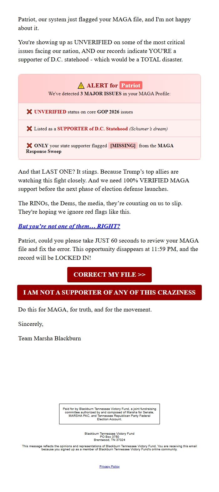 Screenshot of the email generated on import