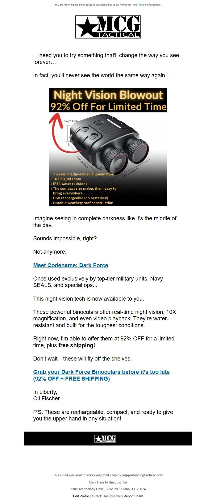 Screenshot of the email generated on import