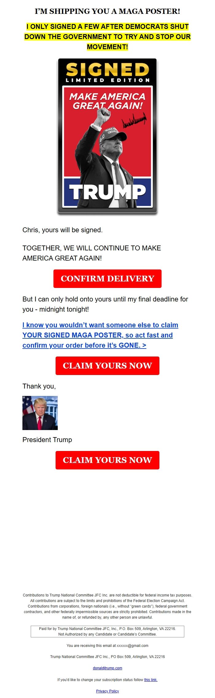 Screenshot of the email generated on import