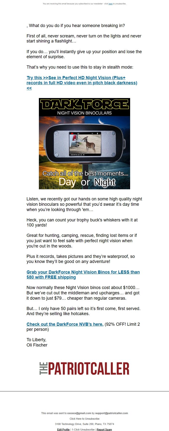 Screenshot of the email generated on import