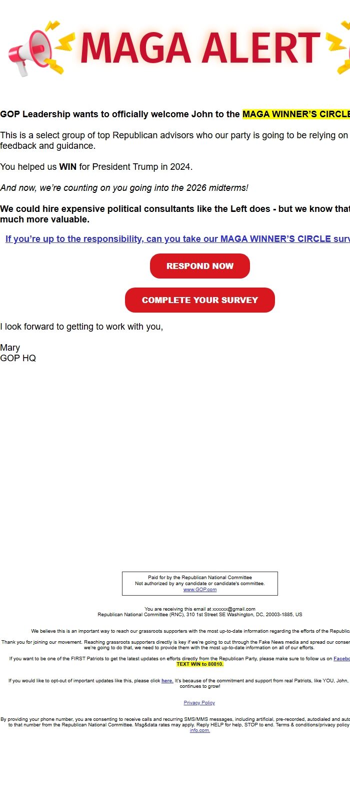 Screenshot of the email generated on import