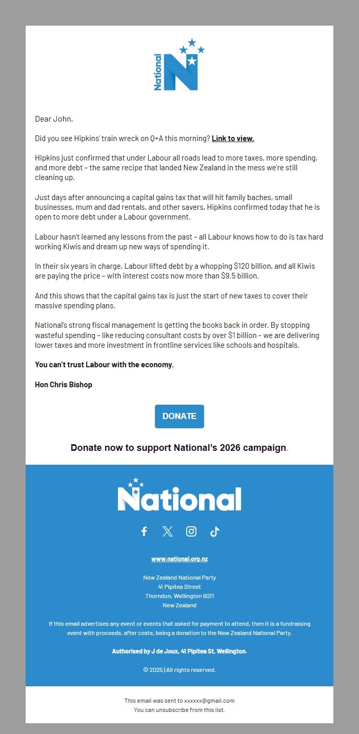 Screenshot of the email generated on import