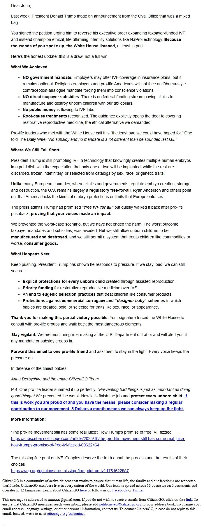 Screenshot of the email generated on import