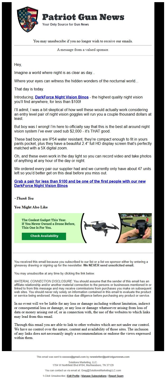 Screenshot of the email generated on import