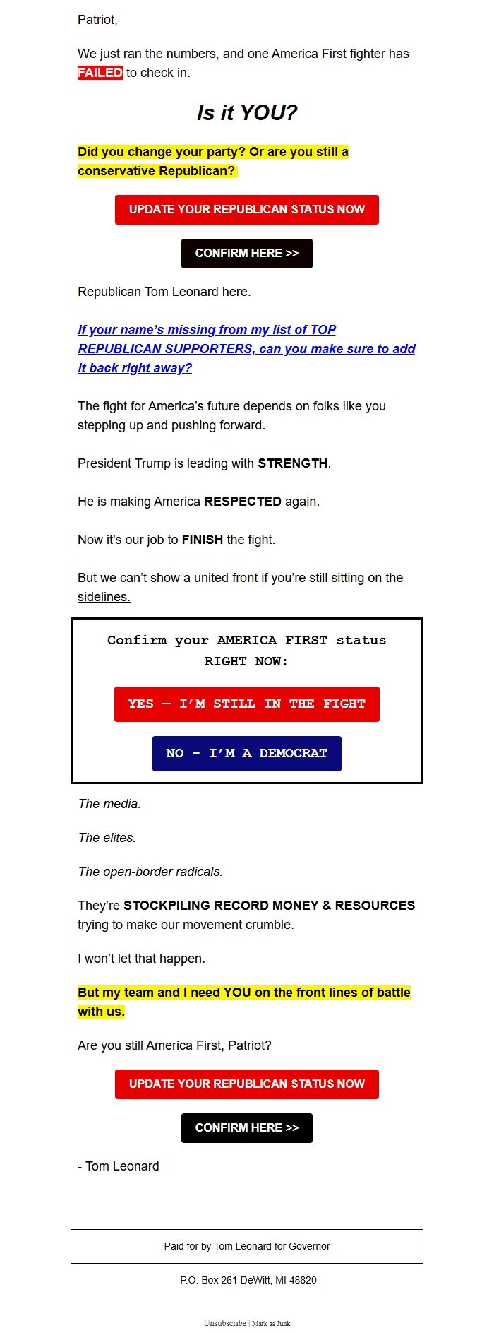 Screenshot of the email generated on import