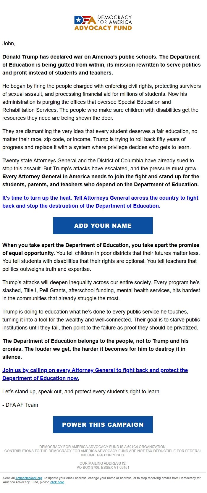 Screenshot of the email generated on import