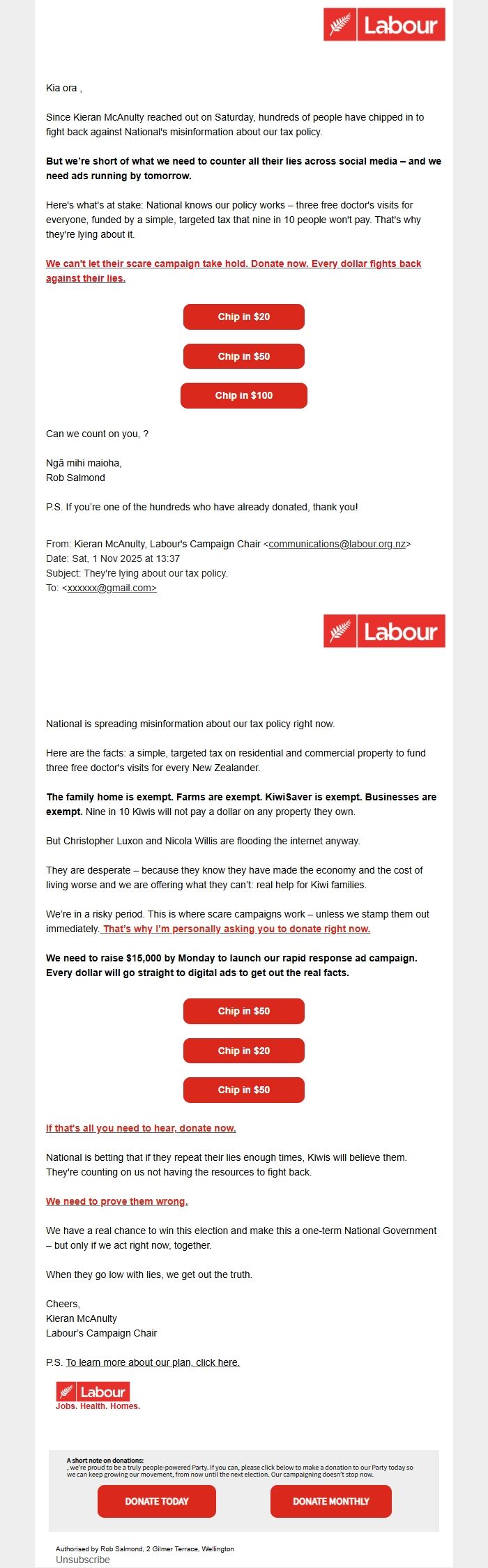 Screenshot of the email generated on import