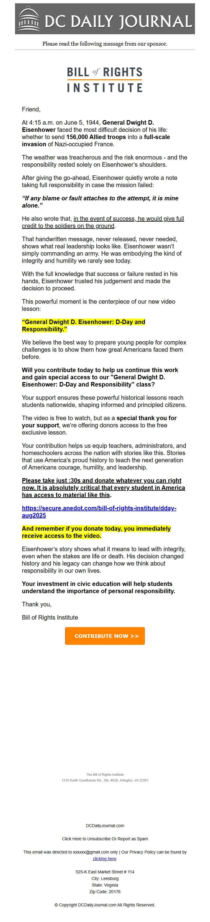 Screenshot of the email generated on import