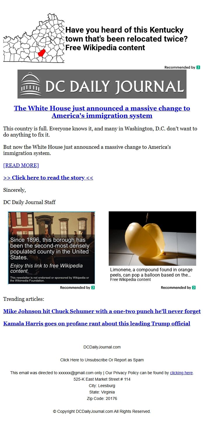Screenshot of the email generated on import
