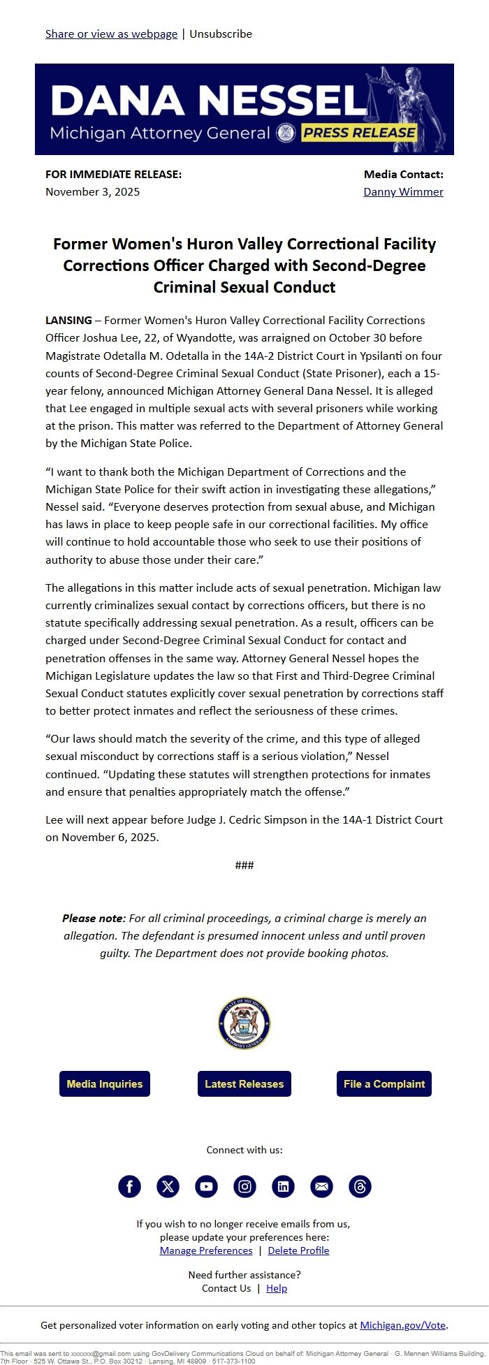 Screenshot of the email generated on import