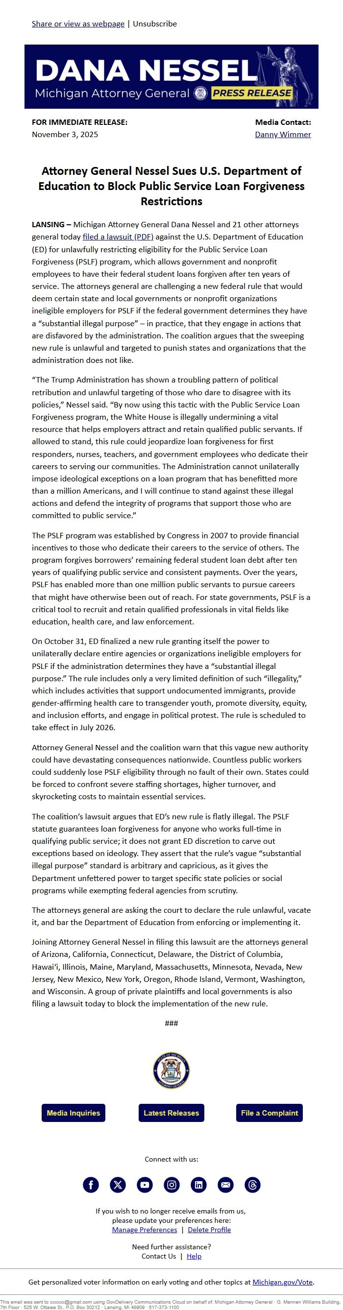 Screenshot of the email generated on import