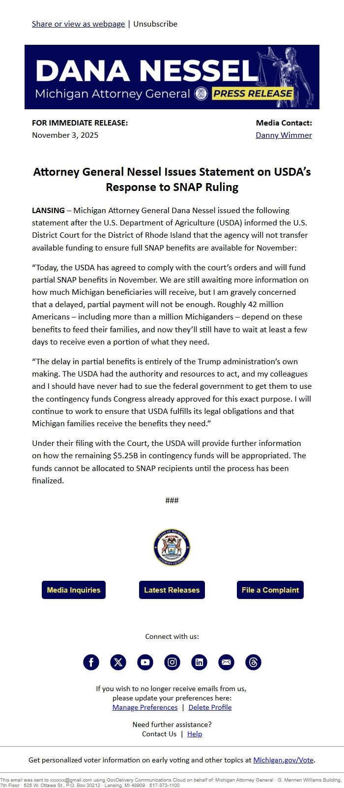 Screenshot of the email generated on import