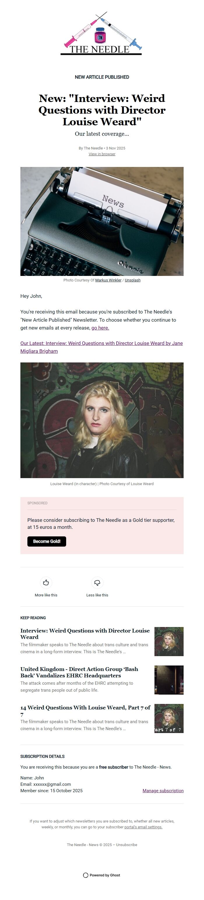 Screenshot of the email generated on import