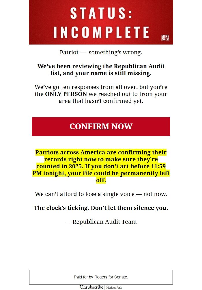 Screenshot of the email generated on import