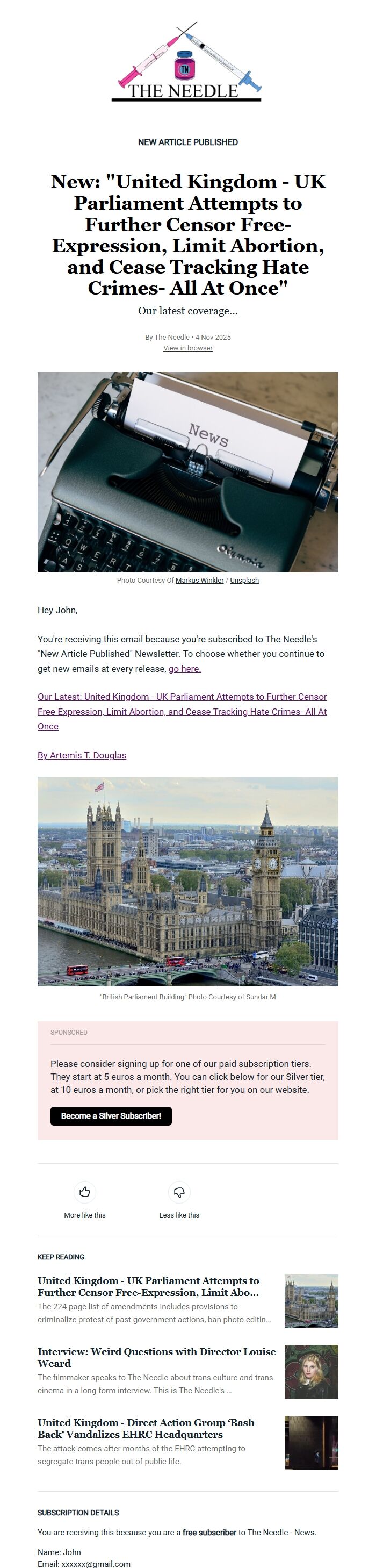 Screenshot of the email generated on import