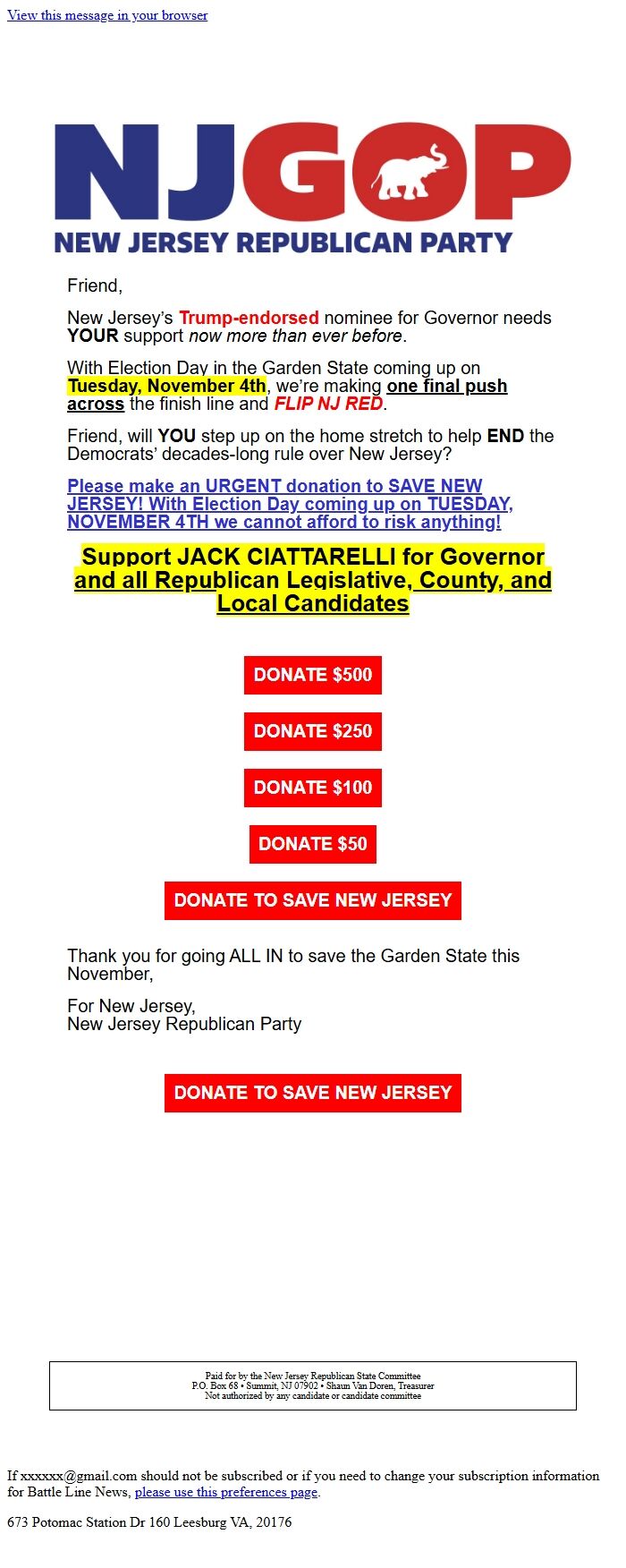 Screenshot of the email generated on import