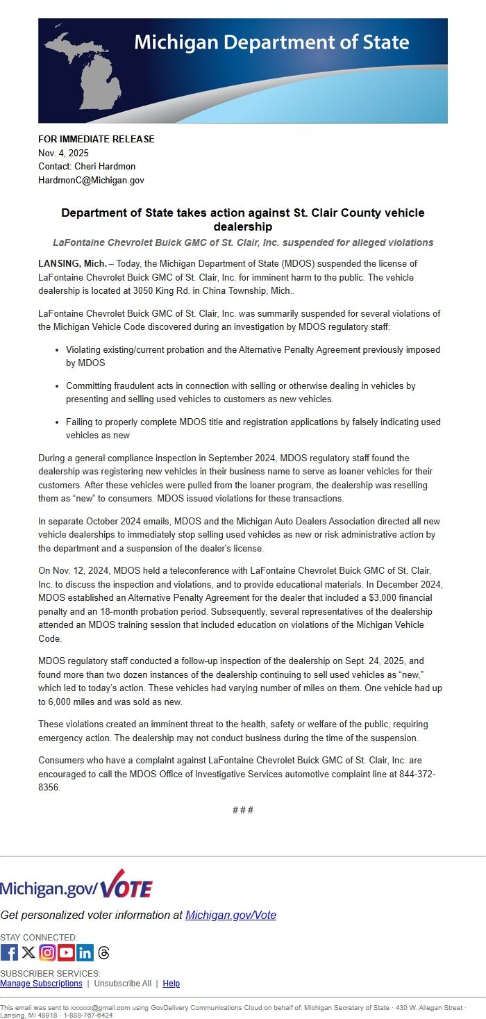 Screenshot of the email generated on import