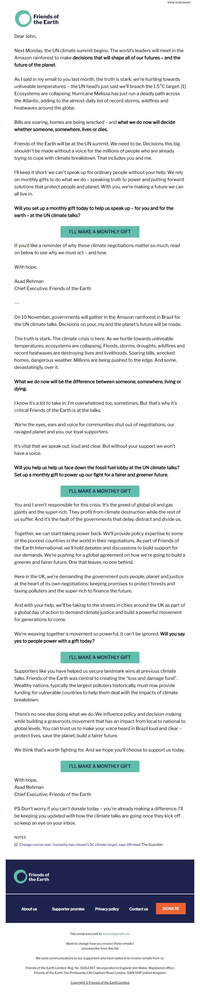 Screenshot of the email generated on import