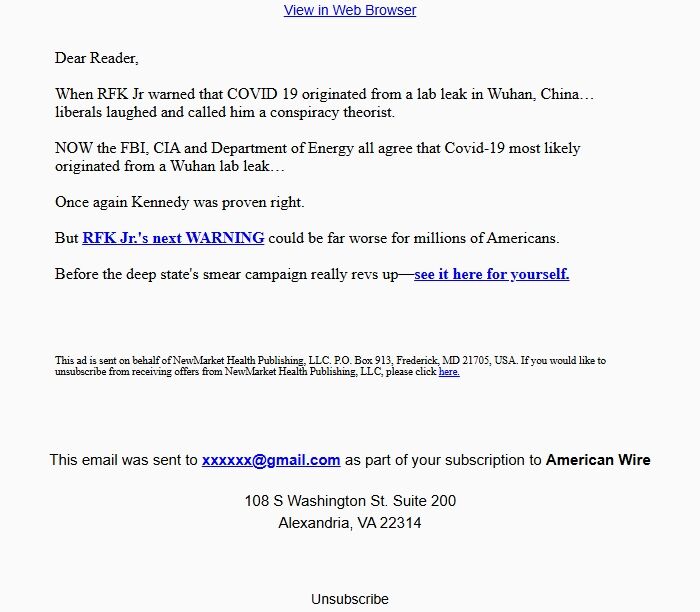 Screenshot of the email generated on import