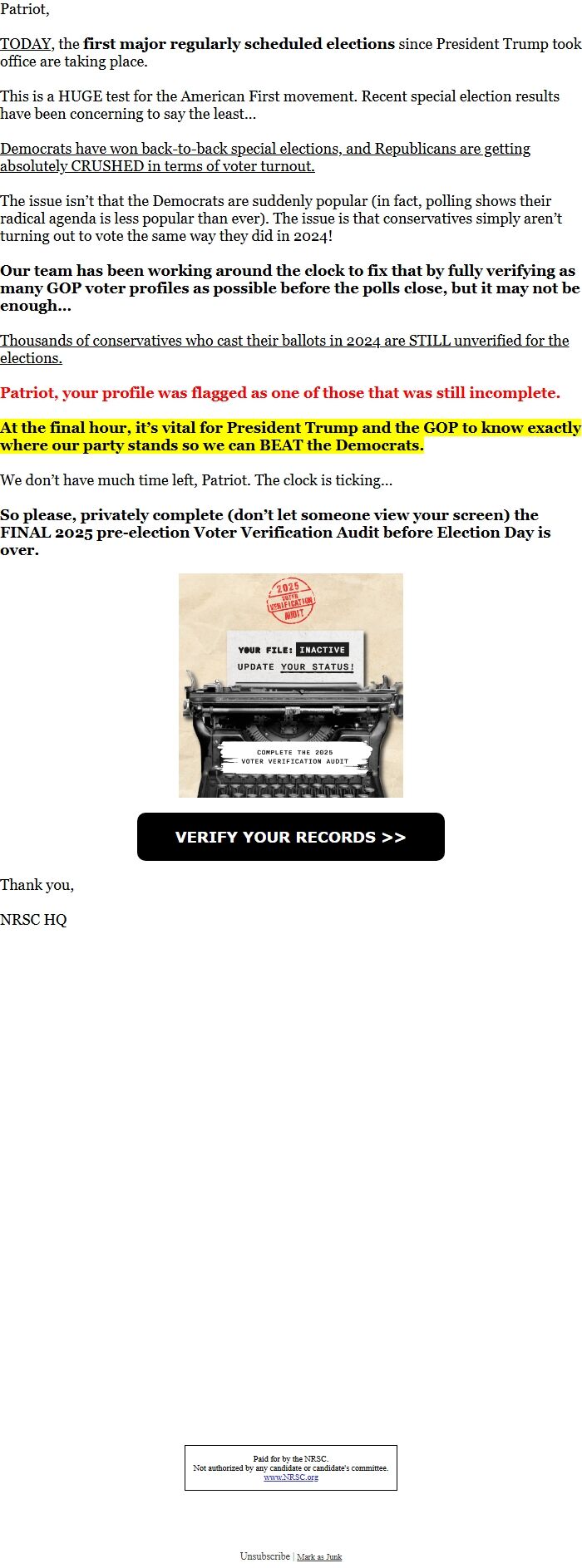 Screenshot of the email generated on import