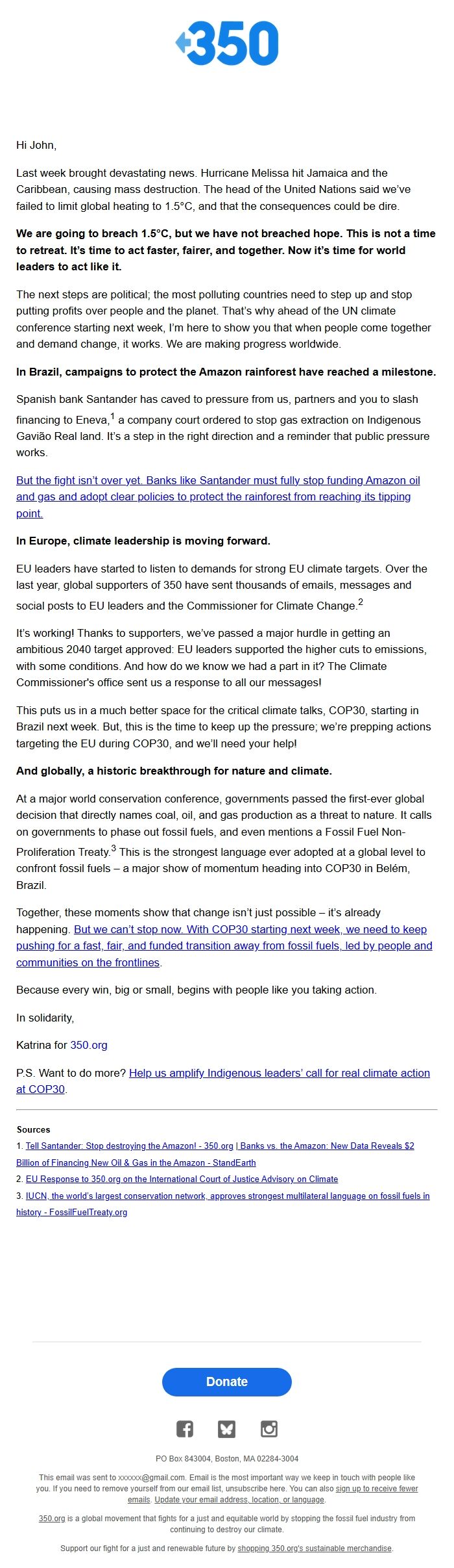 Screenshot of the email generated on import