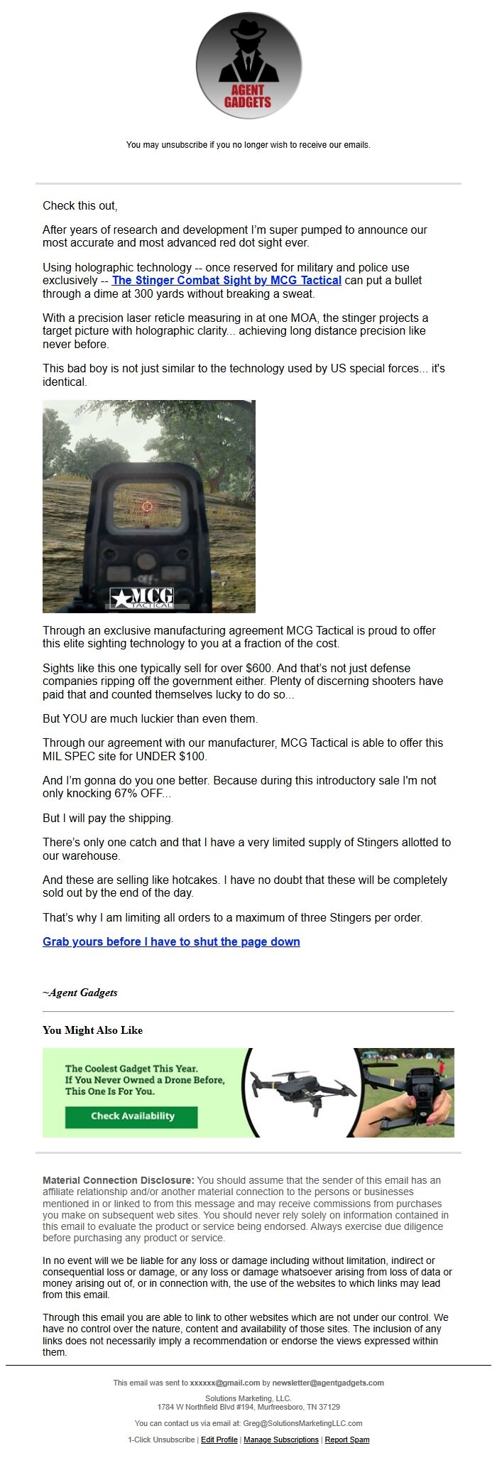 Screenshot of the email generated on import