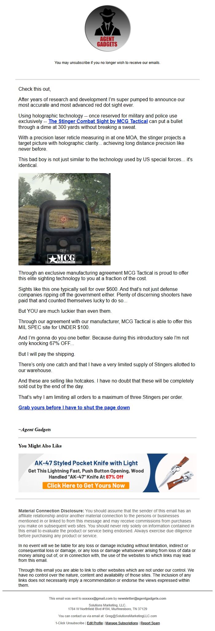 Screenshot of the email generated on import