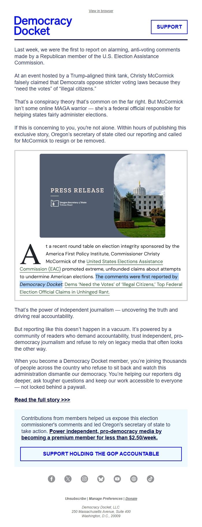 Screenshot of the email generated on import