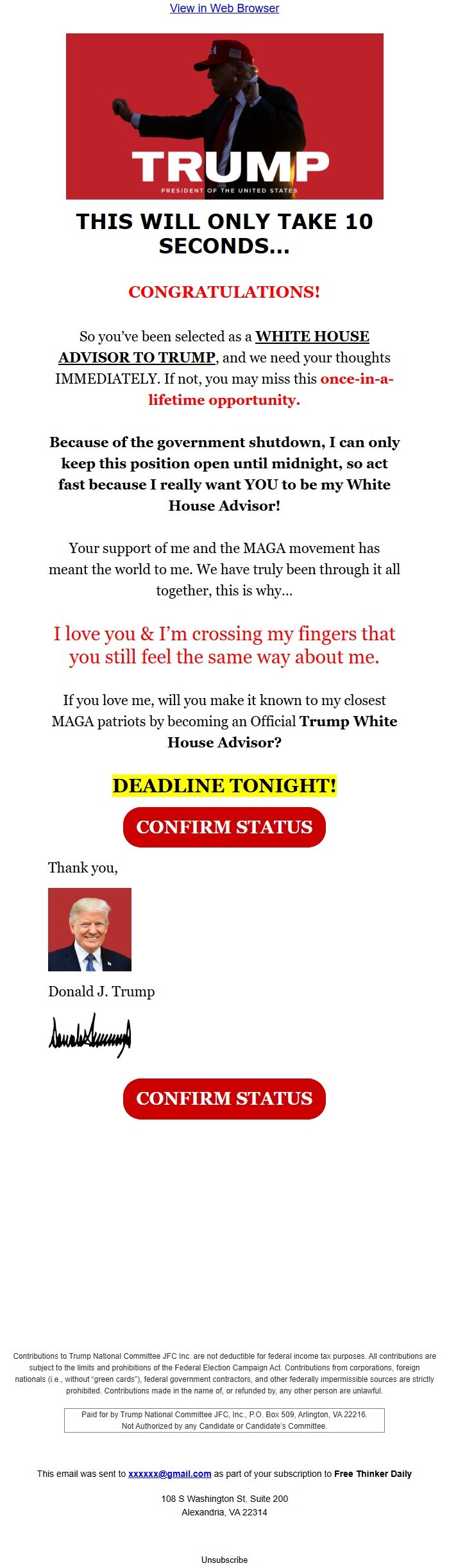 Screenshot of the email generated on import